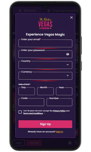 Entering personal data Vegas Now